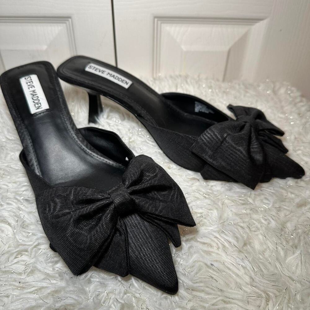 Steve Madden Y2K Black Bow Pointed Toe Mules Kitten Heel Slip On Pumps - Picture 4 of 6